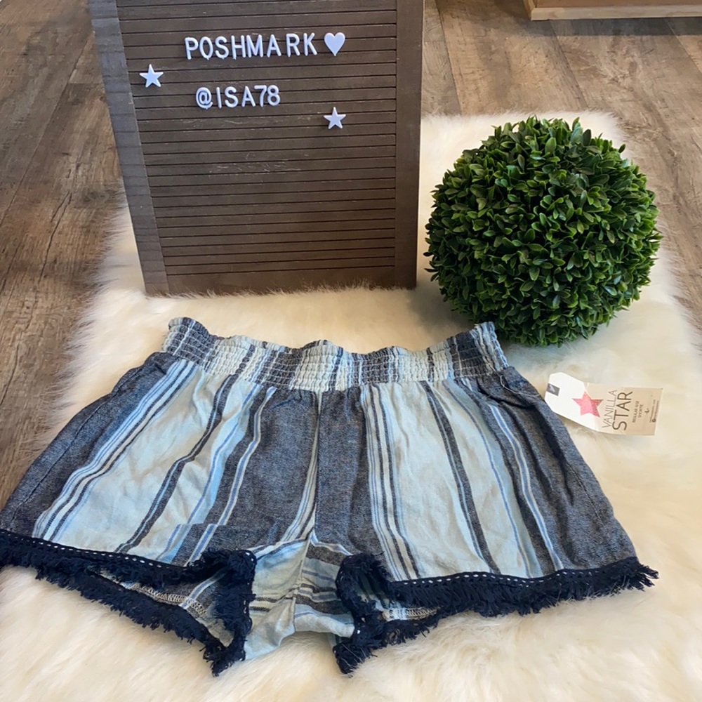 VANILLASTAR Blue Stripe Smocked Waist Linen Shorts